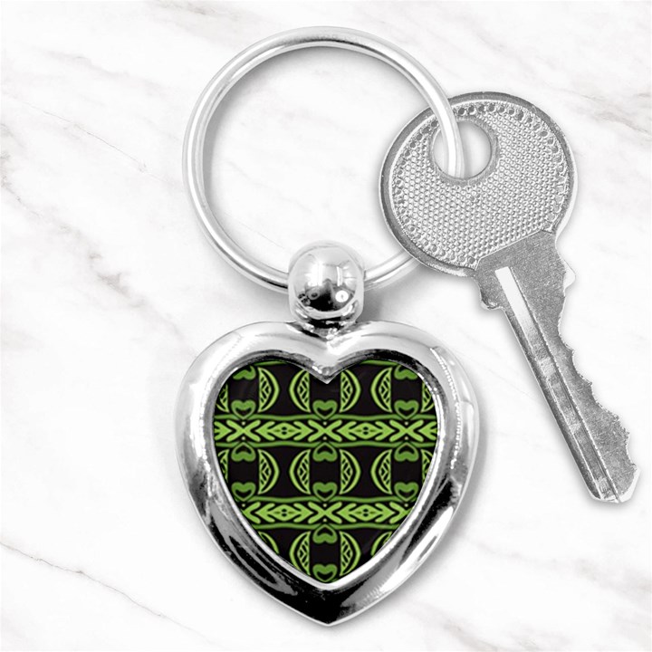 Green shapes on a black background pattern Key Chain (Heart)