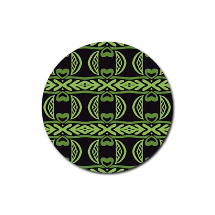 Green shapes on a black background pattern Rubber Round Coaster (4 pack)