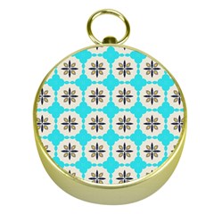 Floral Pattern On A Blue Background Gold Compass