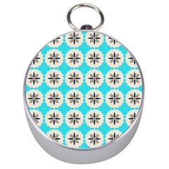 Floral Pattern On A Blue Background Silver Compass