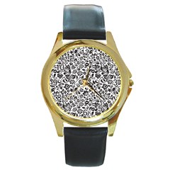 Elegant Glittery Floral Round Leather Watch (gold Rim)  by StuffOrSomething