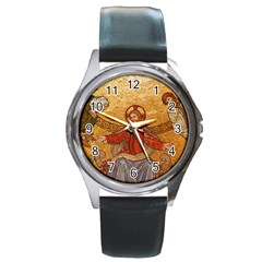 gold jesus Round Leather Watch (Silver Rim)