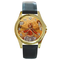 gold jesus Round Leather Watch (Gold Rim) 