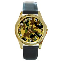 Camo Pattern  Round Leather Watch (gold Rim) 