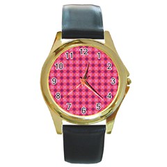 Abstract Pink Floral Tile Pattern Round Leather Watch (gold Rim)  by GardenOfOphir