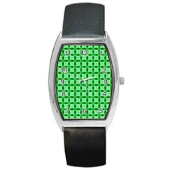 Green Abstract Tile Pattern Tonneau Leather Watch by GardenOfOphir