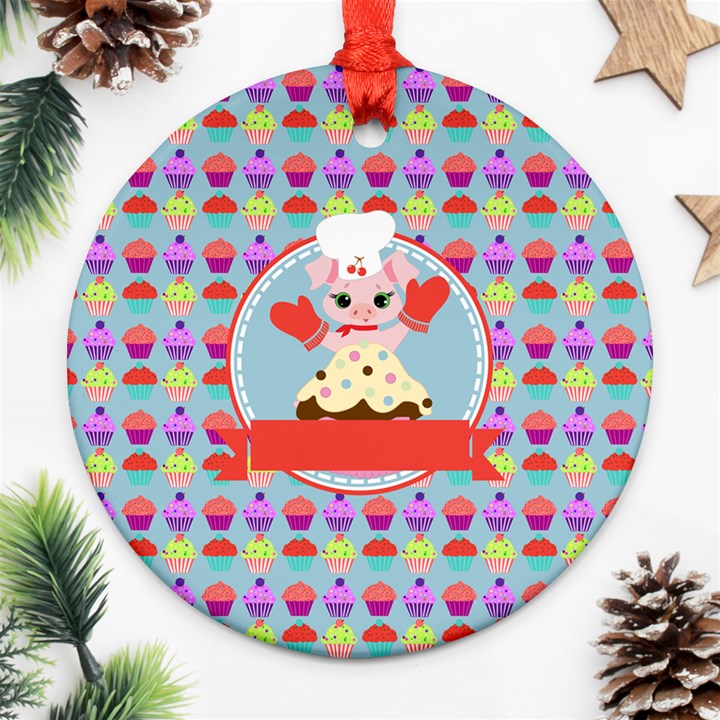 Cupcake with Cute Pig Chef Round Ornament