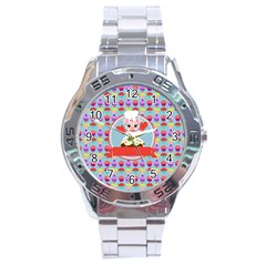 Cupcake With Cute Pig Chef Stainless Steel Watch by GardenOfOphir