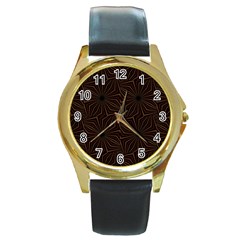 Tribal Geometric Vintage Pattern  Round Leather Watch (gold Rim)  by dflcprints