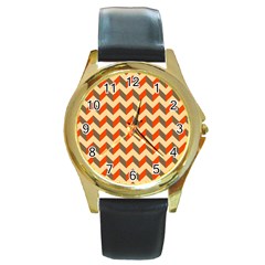 Modern Retro Chevron Patchwork Pattern  Round Leather Watch (gold Rim)  by GardenOfOphir