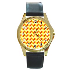 Modern Retro Chevron Patchwork Pattern  Round Leather Watch (gold Rim)  by GardenOfOphir