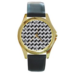 Modern Retro Chevron Patchwork Pattern  Round Leather Watch (gold Rim)  by GardenOfOphir