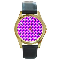 Modern Retro Chevron Patchwork Pattern Round Leather Watch (gold Rim)  by GardenOfOphir