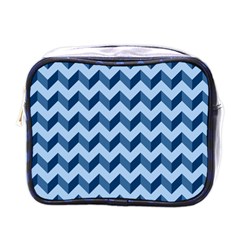 Tiffany Blue Modern Retro Chevron Patchwork Pattern Mini Travel Toiletry Bag (one Side)