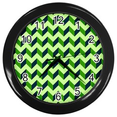 Green Modern Retro Chevron Patchwork Pattern Wall Clock (black)