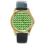 Green Modern Retro Chevron Patchwork Pattern Round Leather Watch (Gold Rim)  Front