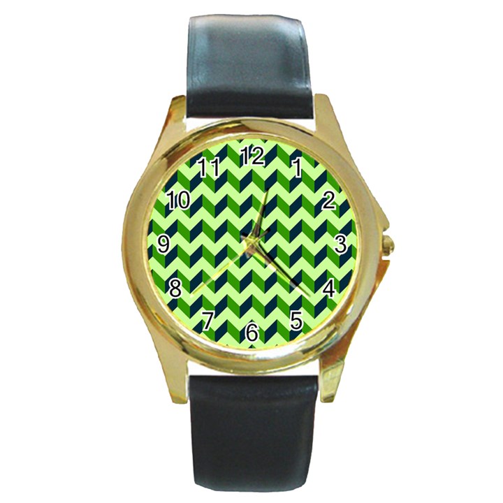 Green Modern Retro Chevron Patchwork Pattern Round Leather Watch (Gold Rim) 