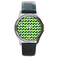 Green Modern Retro Chevron Patchwork Pattern Round Leather Watch (silver Rim)