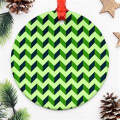 Green Modern Retro Chevron Patchwork Pattern Round Ornament by GardenOfOphir