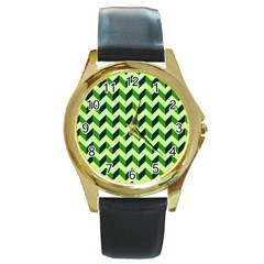 Green Modern Retro Chevron Patchwork Pattern Round Leather Watch (gold Rim)  by GardenOfOphir