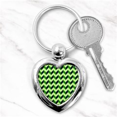 Green Modern Retro Chevron Patchwork Pattern Key Chain (heart)