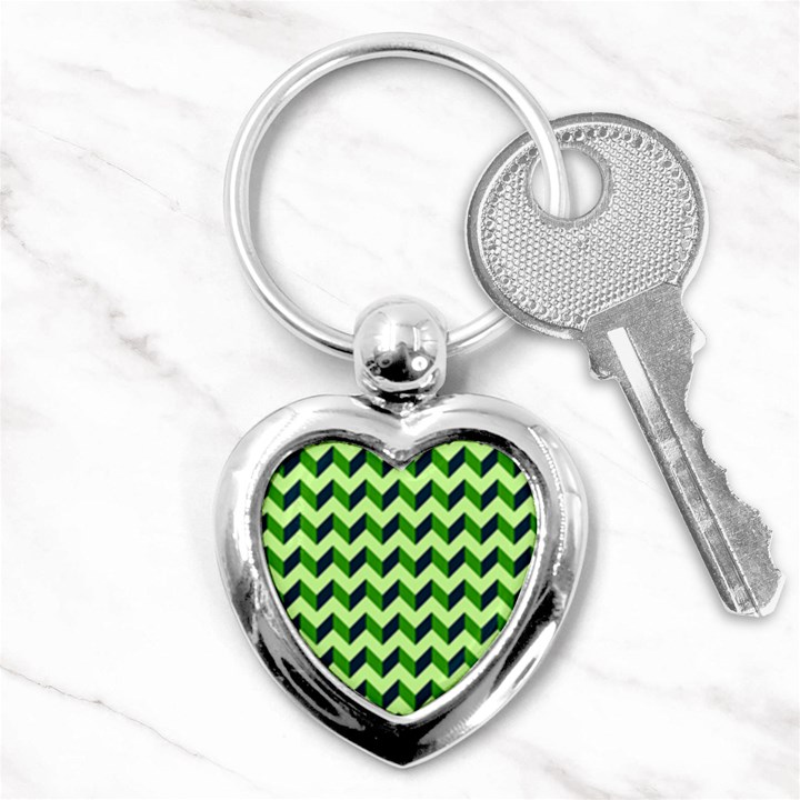 Green Modern Retro Chevron Patchwork Pattern Key Chain (Heart)