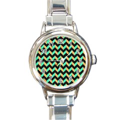 Neon And Black Modern Retro Chevron Patchwork Pattern Round Italian Charm Watch by GardenOfOphir