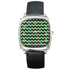 Neon And Black Modern Retro Chevron Patchwork Pattern Square Leather Watch by GardenOfOphir