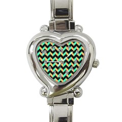 Neon And Black Modern Retro Chevron Patchwork Pattern Heart Italian Charm Watch 