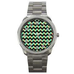 Neon And Black Modern Retro Chevron Patchwork Pattern Sport Metal Watch