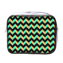 Neon And Black Modern Retro Chevron Patchwork Pattern Mini Travel Toiletry Bag (one Side)