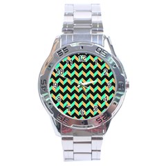 Neon And Black Modern Retro Chevron Patchwork Pattern Stainless Steel Watch by GardenOfOphir