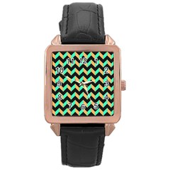 Neon And Black Modern Retro Chevron Patchwork Pattern Rose Gold Leather Watch  by GardenOfOphir