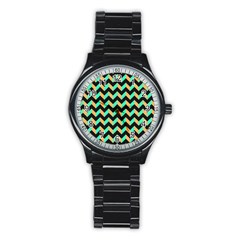 Neon And Black Modern Retro Chevron Patchwork Pattern Sport Metal Watch (black)