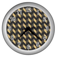 Tan Gray Modern Retro Chevron Patchwork Pattern Wall Clock (silver)