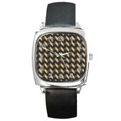 Tan Gray Modern Retro Chevron Patchwork Pattern Square Leather Watch