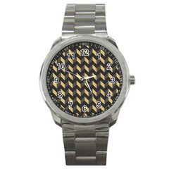 Tan Gray Modern Retro Chevron Patchwork Pattern Sport Metal Watch