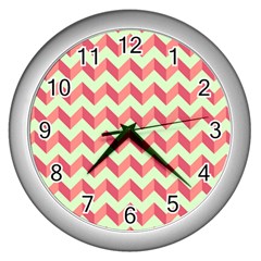 Mint Pink Modern Retro Chevron Patchwork Pattern Wall Clock (silver)