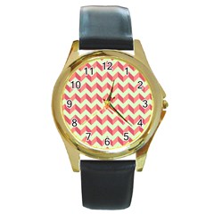 Mint Pink Modern Retro Chevron Patchwork Pattern Round Leather Watch (gold Rim)  by GardenOfOphir