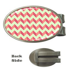 Mint Pink Modern Retro Chevron Patchwork Pattern Money Clip (oval) by GardenOfOphir