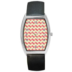 Mint Pink Modern Retro Chevron Patchwork Pattern Tonneau Leather Watch