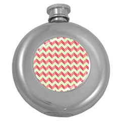 Mint Pink Modern Retro Chevron Patchwork Pattern Hip Flask (round)