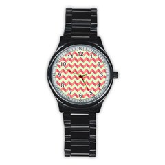 Mint Pink Modern Retro Chevron Patchwork Pattern Sport Metal Watch (black)