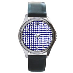 Blue And White Leaf Pattern Round Leather Watch (silver Rim)