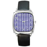 Blue And White Leaf Pattern Square Leather Watch Front