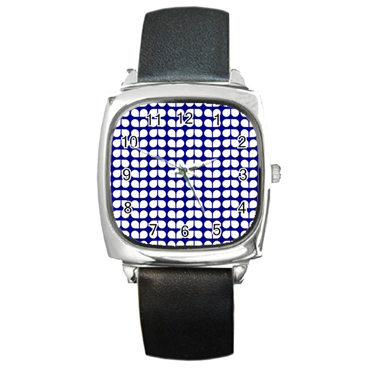 Blue And White Leaf Pattern Square Leather Watch