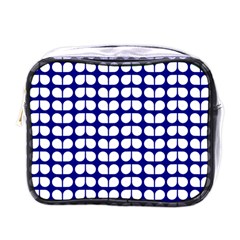 Blue And White Leaf Pattern Mini Travel Toiletry Bag (one Side)