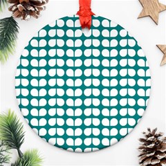 Teal And White Leaf Pattern Round Ornament