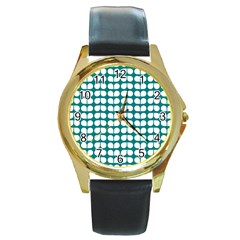 Teal And White Leaf Pattern Round Leather Watch (gold Rim)  by GardenOfOphir