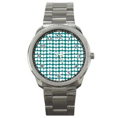 Teal And White Leaf Pattern Sport Metal Watch by GardenOfOphir